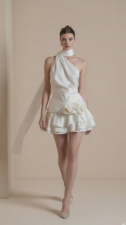 Satin Halter Backless Floral Mini Dress