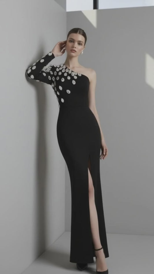 Fashion Women Celebrity Sexy Single Sleeve Rhinestone Black Maxi Long Bodycon