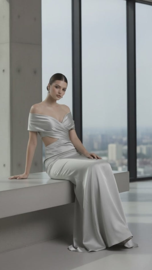 Maison Celie- Irregular Hollow Dress Women Ruched Diagonal Collar Shorts Sleeve