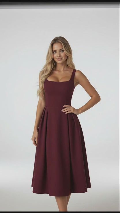 Melanie Square Neck A-Line Midi Dress – Burgundy