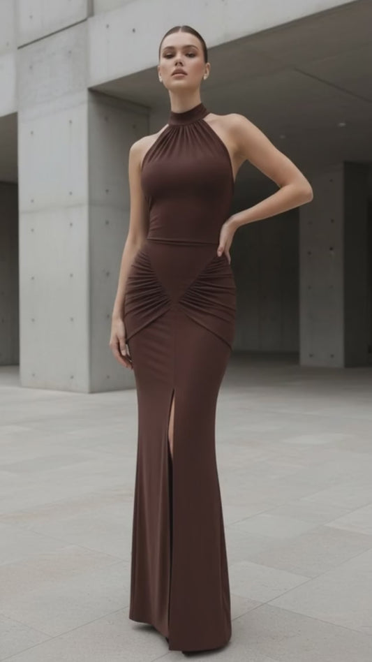 Maison Celie Halter Ruched Evening Gown 2025