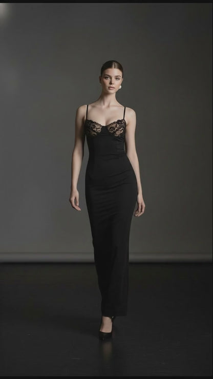 Aurelia Lace-Trim Backless Maxi Dress – Black