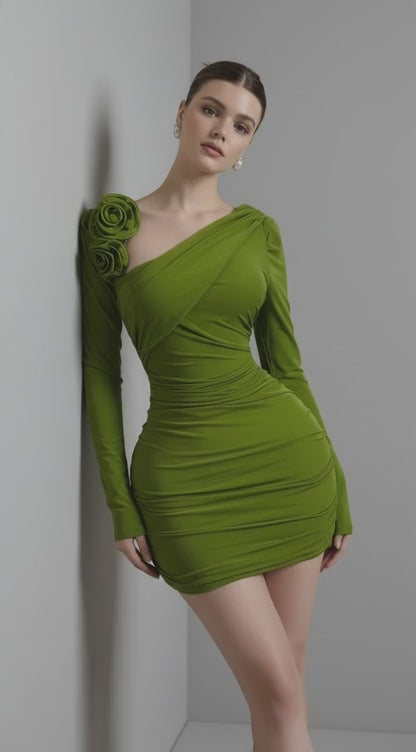 Women Long Sleeve Floral Applique Skew Collar Stacked Ruched Bodycon