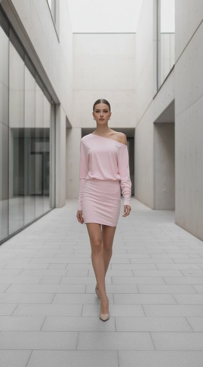 Woman Clothes Diagonal Collar Long Sleeve Package Hip Short Dress