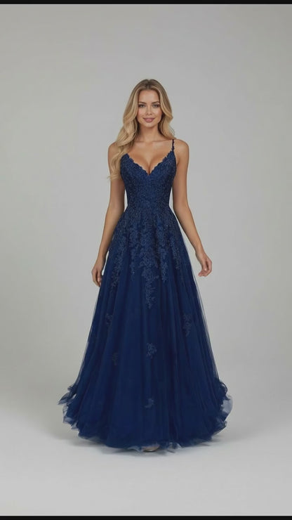 Romantic Navy Blue Lace Applique Tulle A-Line Prom Dress