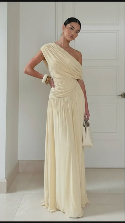 One-Shoulder Ruched Draped Maxi Dress