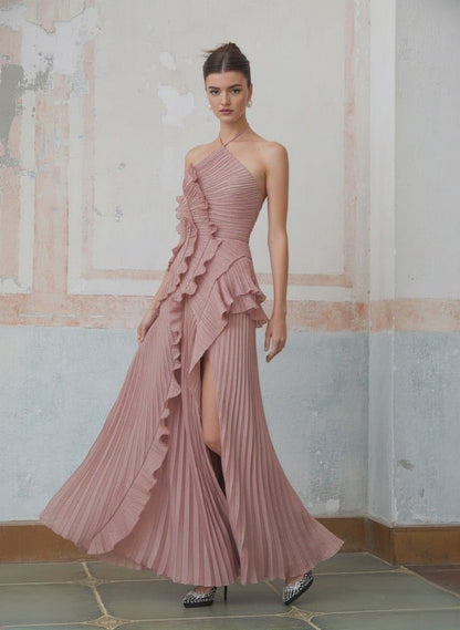 Ruffled Halter Chiffon Maxi Dress