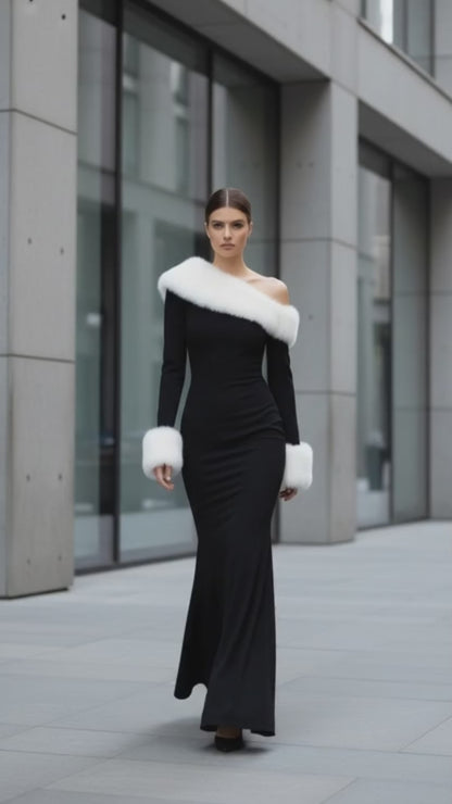 Sexy Women Faux Fur Long Sleeve Black Night Club Evening Party Dress 2025