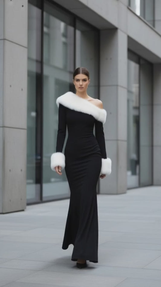 Sexy Women Faux Fur Long Sleeve Black Night Club Evening Party Dress 2025