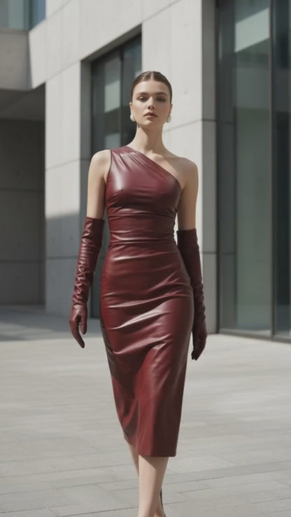 Maison Celie One-Shoulder Leather Evening Dress