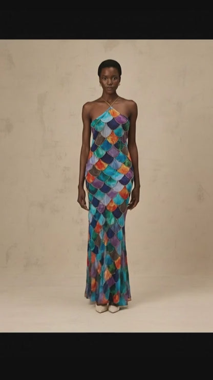 Celeste Shimmer Halter Backless Maxi Dress