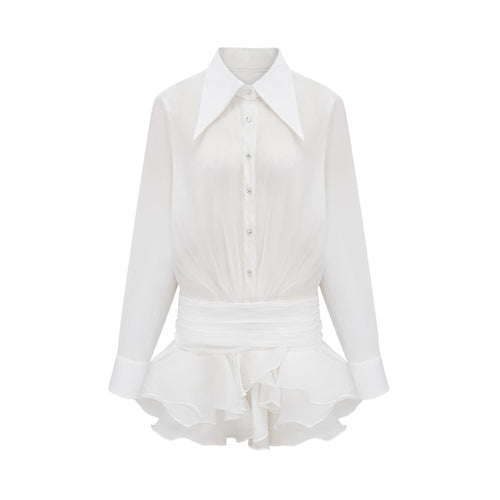 Renée white ruffled mini shirt dress