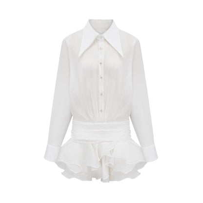 Renée white ruffled mini shirt dress