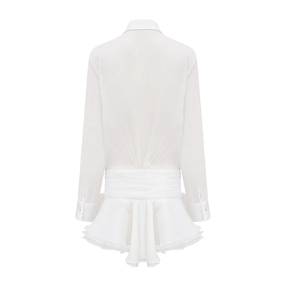 Renée white ruffled mini shirt dress
