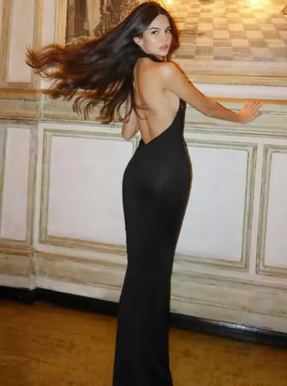 Sophisticated Black Lace Halter Bodycon Midi Dress