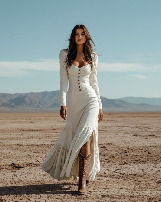 Elowen Vintage White Pleated Maxi Dress