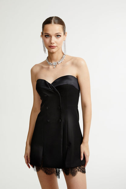 Zephyra black lace-detail mini dress